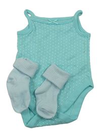 2Set - Belasé bodkovaná é košilkové body s mašličkou George + světlemodré žebrované ponožky