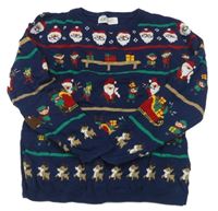 Tmavomodro-pruhovaný vianočný sveter so Santy a elfy H&M