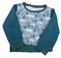 Modro-petrolejová tepláková mikina s medvedíkmi a stromami