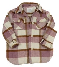 Starorůžovo-bielo-hnedá kockovaná vlnená košeľová bunda PRIMARK