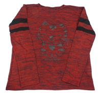 Červeno-černé melírované úpletové mikinotriko s mačičkou a pruhmi