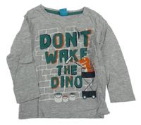 Šedé melírované triko s nápisy a dinosaurem little kids
