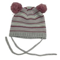 Sivo-vínovo-svetloružová pruhovaná zavazovací čapica s bambulkami Ergee