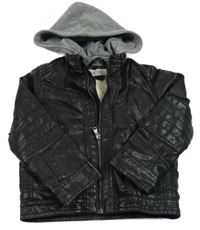 Černá koženková zateplená bunda s odepínací kapucí H&M