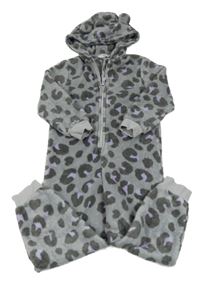 Šedo-tmavošedo-fialová vzorovaná plyšová kombinéza s kapucí s oušky M&S