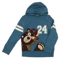 Tmavomodrošedá mikina s medvídkem z překlápěcích flitrů a číslem a pruhy a kapucí C&A