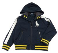 Tmavomodrý šusťákový jarní zateplený bomber s logem a pruhy a kapucí Ralph Lauren