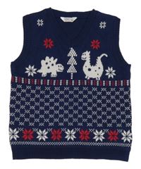 Tmavomodrá pletená vesta s dinosaurami a vločkami a vzorom M&Co