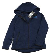 Nové - Tmavomodrá melírovaná pletená propínací mikina s nápisem a kapucí Y.F.K.