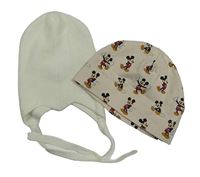 2x čepice - béžová bavlněná s Mickeym + smetanová pletená