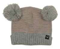 Šedo-růžová pruhovaná čepice s bambulemi Sinsay