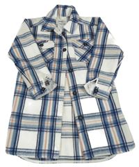 Bílo-modro-růžová kostkovaná dlouhá košilová bunda Page One Young