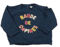 Tmavomodrá mikina s nápisom a volánikmi Tape A L'Oeil