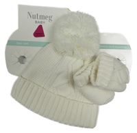 Nové - 2set - Smotanová pletená čapica s bambulí + rukavice Nutmeg