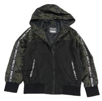 Černo-khaki šušťáková jesenná bunda s army prvky a kapucňou Primark