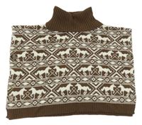 Hnědo-bílé pletené vzorované vlněné pončo s koníky a rolákem Manguun