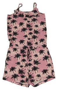 Růžovo-černý kraťasový overal s palmami Pocopiano
