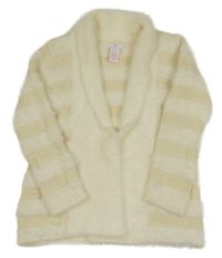 Smotanový pruhovaný svetrový chlpatý cardigan