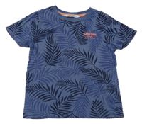 Modré tričko s listami a nápisom H&M