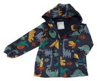 Tmavomodrá šušťáková jarná bunda s farebnymi dinosaurami a kapucňou Matalan