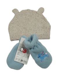 Nové - 2set - Béžová melírovaná čepice s oušky + světlemodré fleecové zimní rukavice s králíčky 