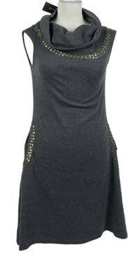Nové - Dámské šedé pletené šaty s cvočky a komínovým límcem Layers 