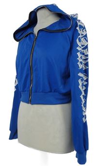 Dámská modrá propínací crop mikina s nápisem a kapucí Shein