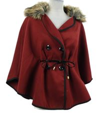 Dámské vínové flaušové pončo s černým lemem a kožíškem 