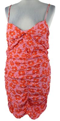 Dámske ružovo-červené kvietkovane řasené šaty Zara