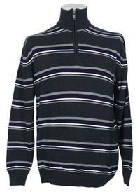 Pánsky tmavošedo-fialový pruhovaný sveter so stojačikom C&A