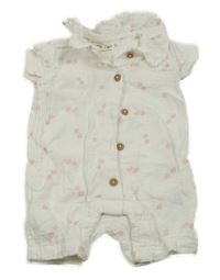 Biely mušelínový letný kraťasový overal s ružovými kvetinami