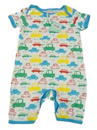 Nové - bielo-farebný kraťasový overal s autami Miniclub