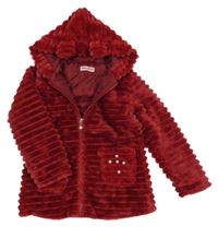 Červený chlupatý žebrovaný kabátek s kapucňou Glass