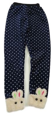 Tmavomodré plyšové zateplené legíny se zajíčky a puntíky 