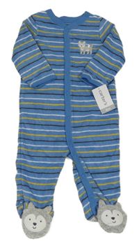 Nové - Modrý froté overal s proužky a vlkem Carter's