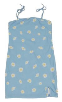 Modré púzdrové šaty s kvietkami a rozparkem Shein