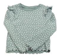 Olivovo-bílé květované žebrované crop triko s volánky PRIMARK