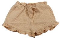 Skořicovo-biele kockované paper bag kraťasy s mašlou a volánikmi PRIMARK