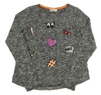 Černo-bílé melírované úpletové mikinotriko s obrázkami a flitrami H&M