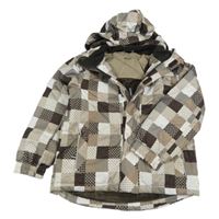 Hnedo-béžovo-bielo-tmavohnedá kockovaná šušťáková funkčná zimná lyžiarska bunda s odopínacíá kapucňou crivit