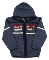 Modro-sivo-tmavomodrý melírovaný vlnený prepínaci sveter s nápisom a kapucňou