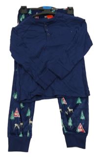 Nové - tmavomodré bavlněno/plyšové pyžamo s jeleny a stromečky St. Bernard