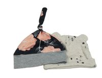 2x - Čepice - Černo/šedá s růžemi, světlešedá melírovaná žebrovaná s medvídky a oušky 