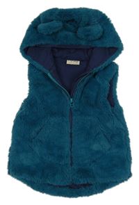 Petrolejová kožušinová podšitá vesta s kapucňou s uškami Next
