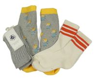 Nové - 3x - Ponožky - Šedé melírované žebrované PETIT BATEAU, šedo/tmavožluté teplé s  PETIT BATEAU, šedo/tmavožluté teplé s vílami, bílé s pruhy