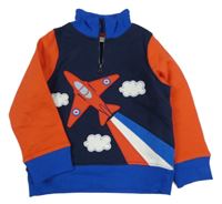 Tmavomodro-červeno-cobaltově modrá mikina s letadlem a obláčky Jojo Maman Bébé