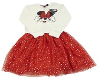 Nové - bílo-červené teplákovo/tylové šaty s Minnie s flitry a hvězdičkami PRIMARK