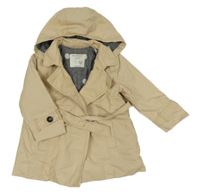 Světlebéžový šusťákový zateplený kabát s límečkem a kapucí a páskem Zara