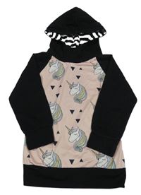 Světlerůžovo-černá slabá mikina s jednorožci a kapucí 