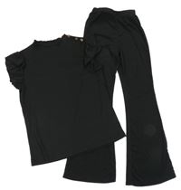 2Set - Černé žebrované tričko s knoflíky a volánky + flare kalhoty 